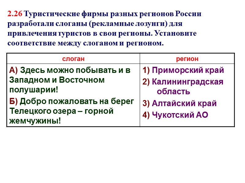 2.26 Туристические фирмы разных регионов России разработали слоганы (рекламные лозунги) для привлечения туристов в